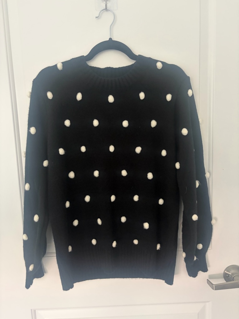 Pink Lily Black Crewneck Sweater with White Pom-Dot Accents